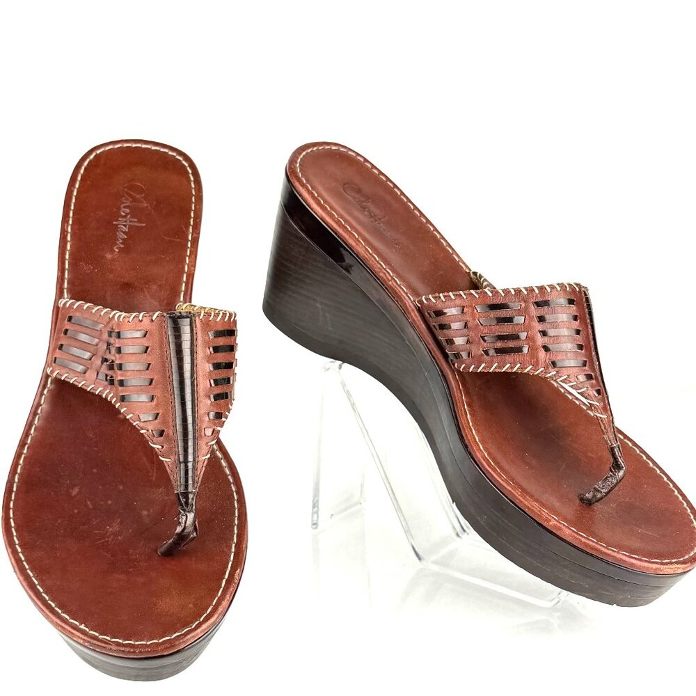 Cole Haan Brown Leather Woven Thong Wedge Sandals Women’s 8B Wood Heel